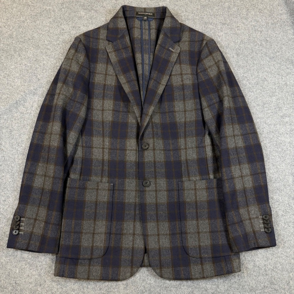 Banana Republic Mens 38R Tailored Fit Blue Grey Plaid Blazer Sport Coat Jacket